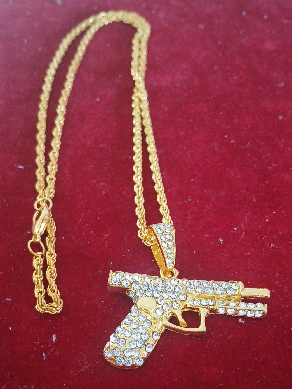Gold-Tone Pistol Pendant Necklace with Clear Crystals - Women Jewelry